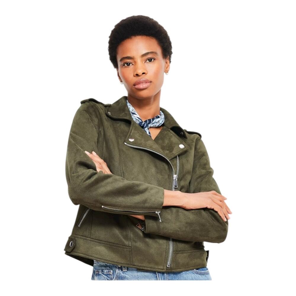 VIGOSS Olive Green Faux Suede Cropped Moto Edgy Biker Jacket -Womens Extra Large